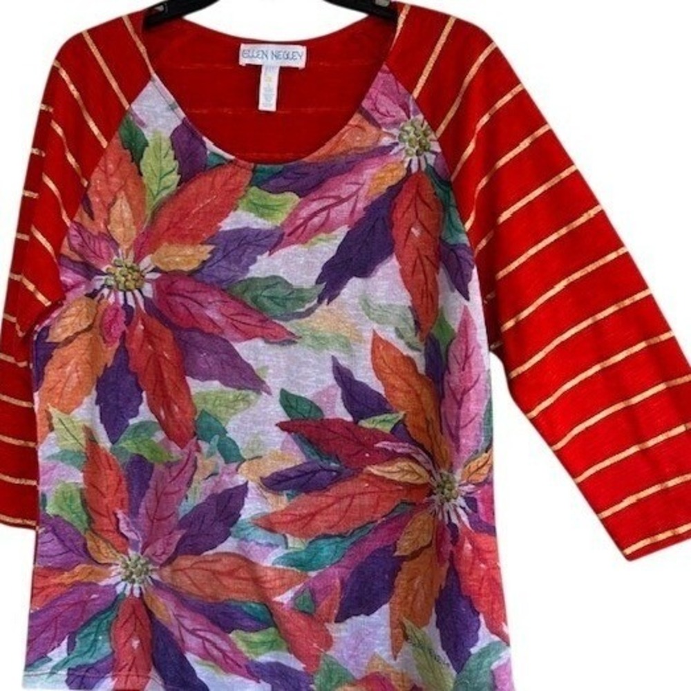Ellen Negley Art & Sol Women's Red Floral 3/4 Sleeve‎ Blouse Size LG